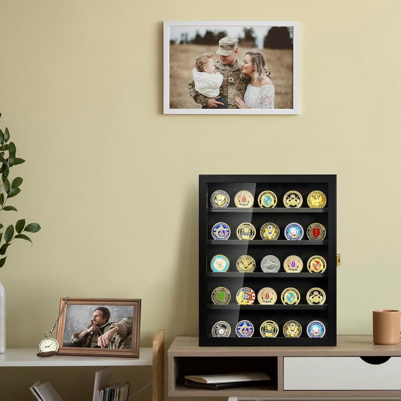 TJMOREE Military Challenge Coin Display Case, Coin Display Holder Wall Mount with Removable Shelves, Shadow Box for Medals Pin Badges Buttons - Image 3